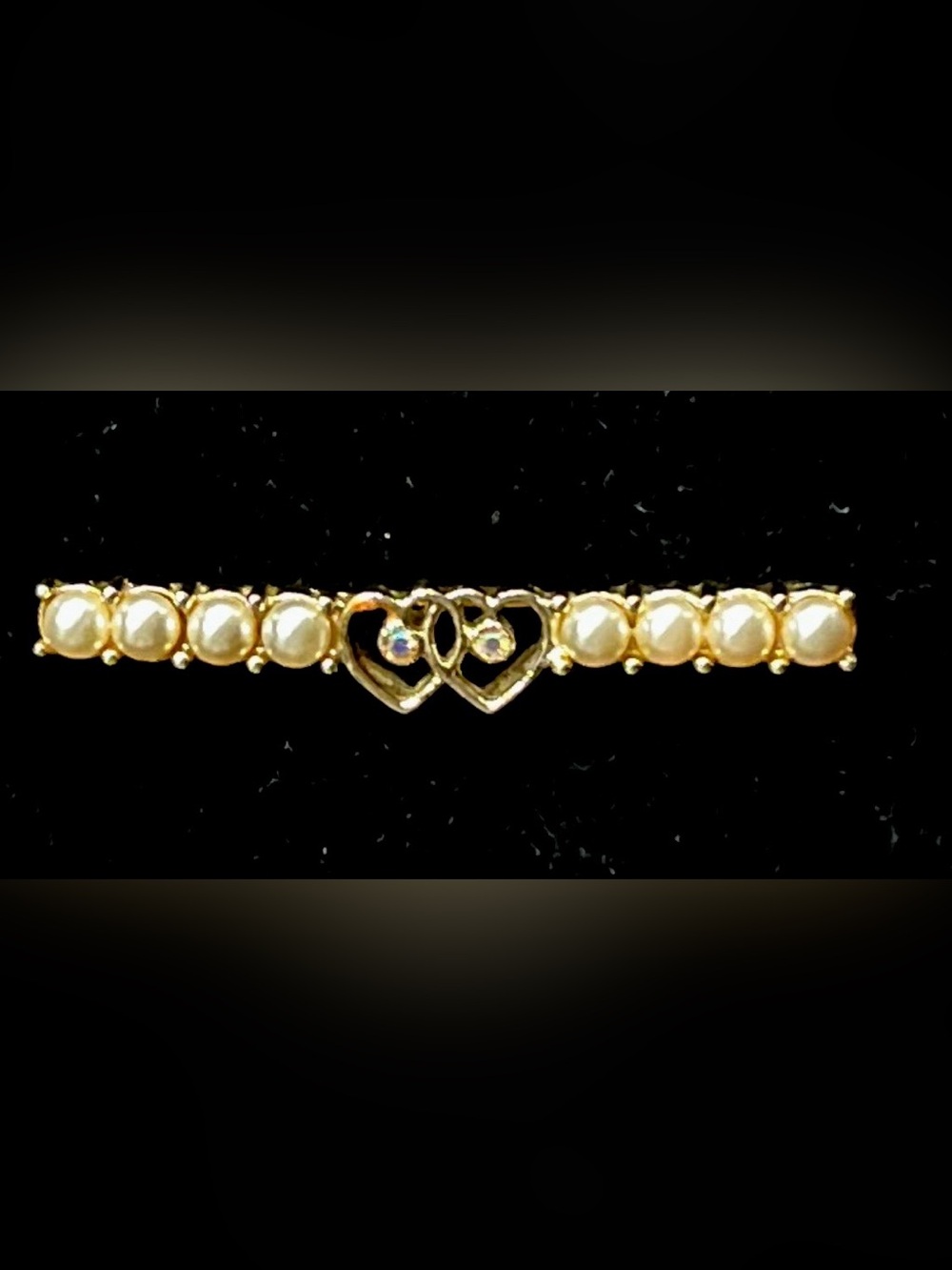 Sarah Coventry Silver Tone Pearl Bar Brooch with Double Heart Accent